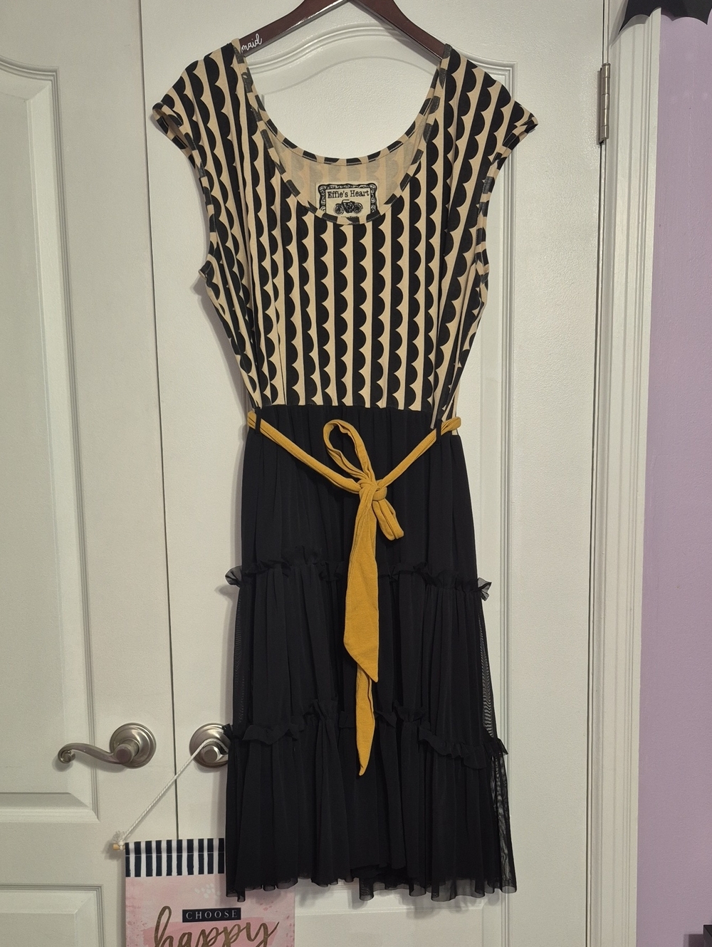 EFFIE' HEART Black & Cream Printed Waist-Tie Midi Dress with Mustard Belt